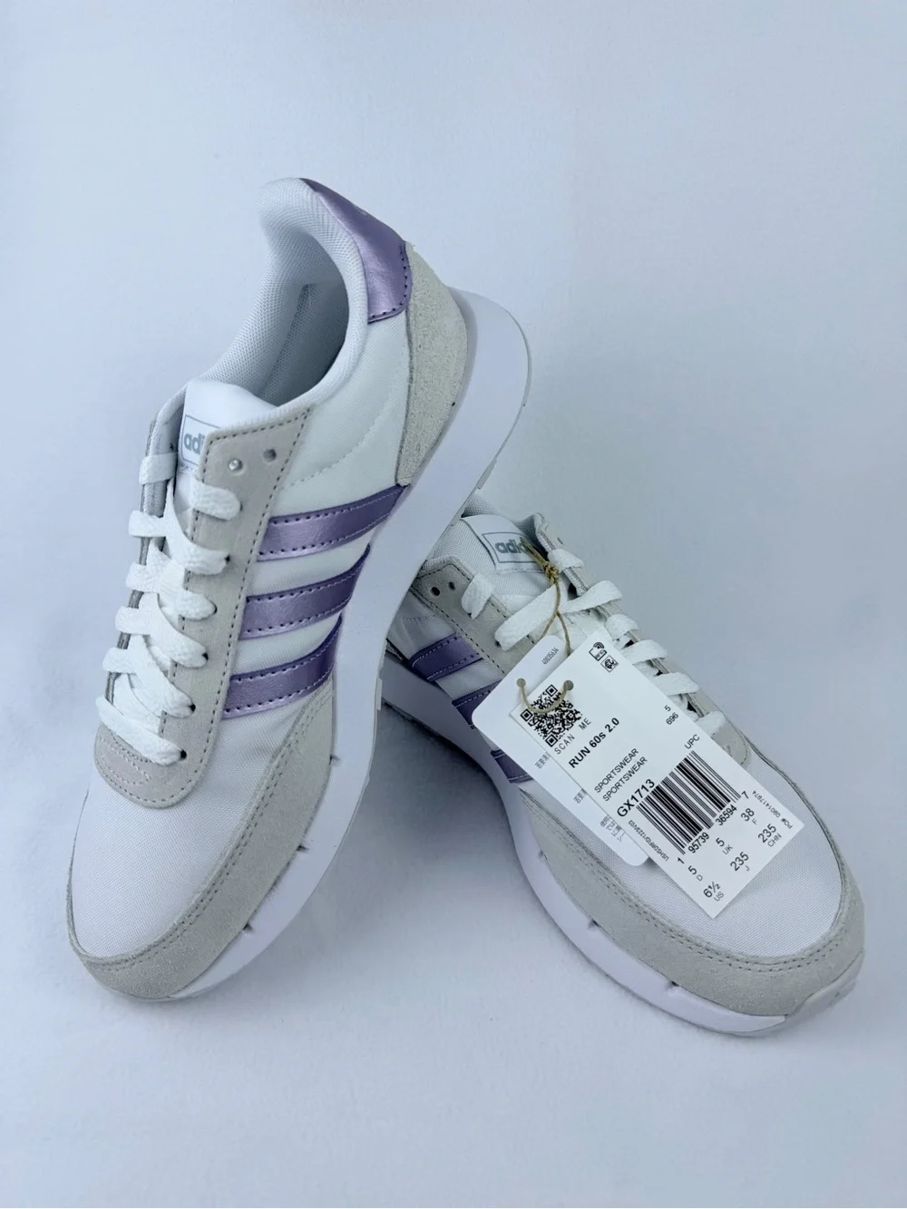 NWT Adidas Run 60s 2.0 Women’s Sneakers – White & Metallic Purple – Size 6.5